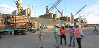 El Ministro Juan José Bahillo visitó el puerto y recorrió la carga de madera a la India