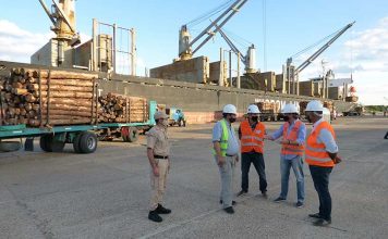 El Ministro Juan José Bahillo visitó el puerto y recorrió la carga de madera a la India