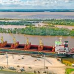 El puerto está cargando un buque con madera y el viernes llega otro para exportar harina de soja
