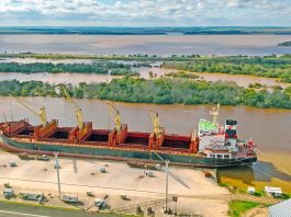 El puerto está cargando un buque con madera y el viernes llega otro para exportar harina de soja