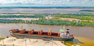El puerto está cargando un buque con madera y el viernes llega otro para exportar harina de soja