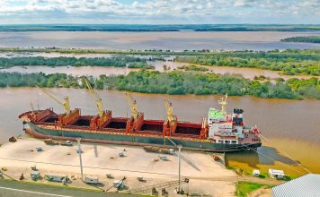 El puerto está cargando un buque con madera y el viernes llega otro para exportar harina de soja