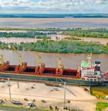 El puerto está cargando un buque con madera y el viernes llega otro para exportar harina de soja