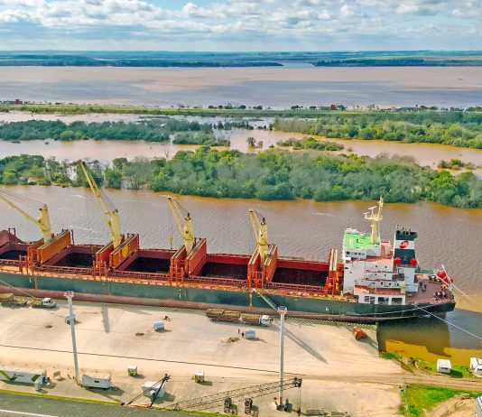 El puerto está cargando un buque con madera y el viernes llega otro para exportar harina de soja