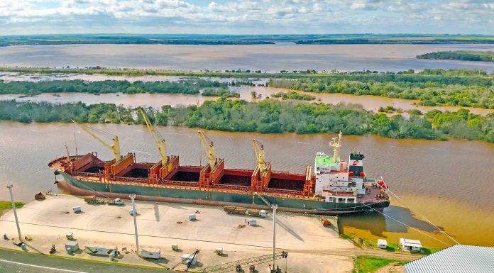 El puerto está cargando un buque con madera y el viernes llega otro para exportar harina de soja